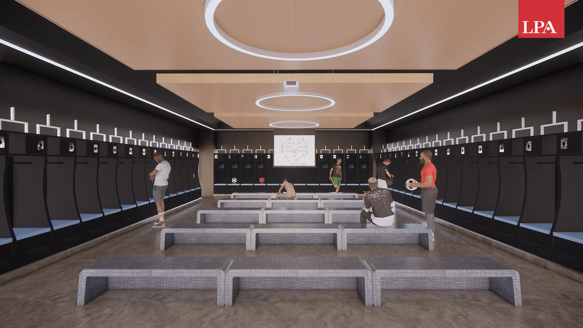 Digital rendering of athletics locker room.