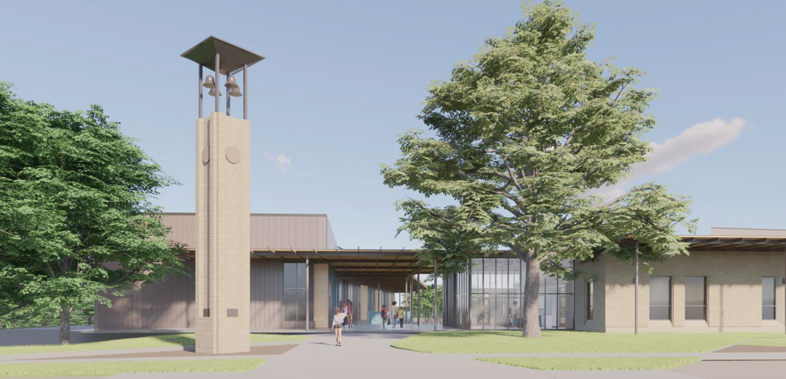 Rendering of MS front entrance building with bell tower.
