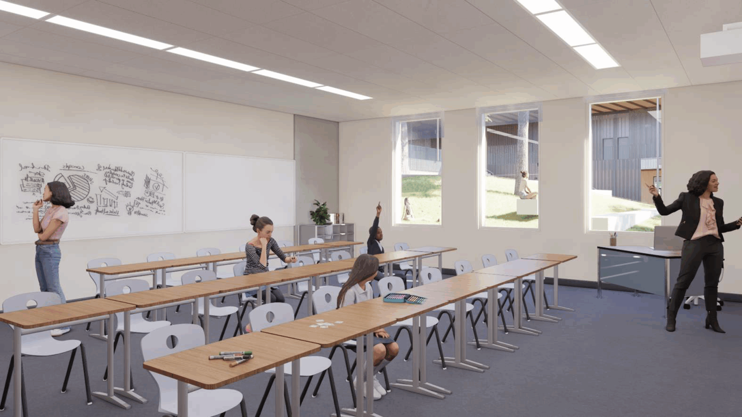 Digital rendering of a Middle School classroom.