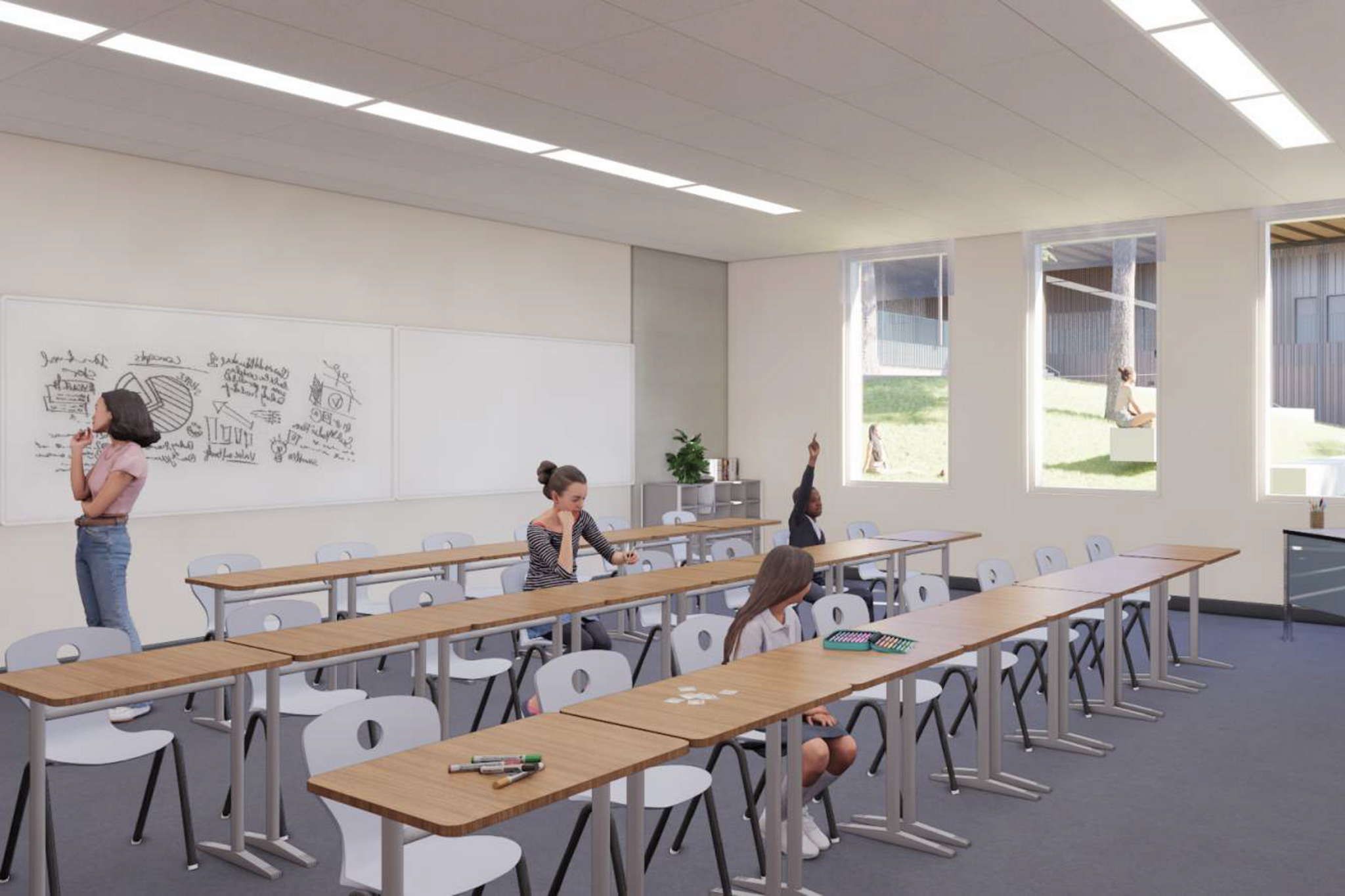 Digital rendering of STEM classroom. Students sit at tables while another writes on a whiteboard.