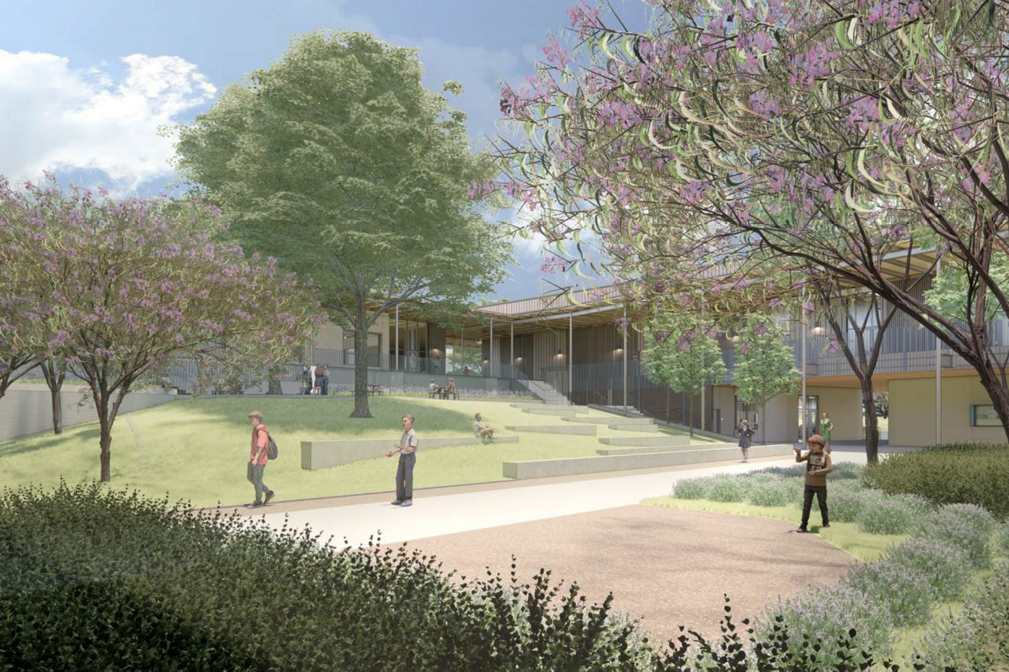 Digital rendering of Middle School courtyard. Building is lined with trees and grass.