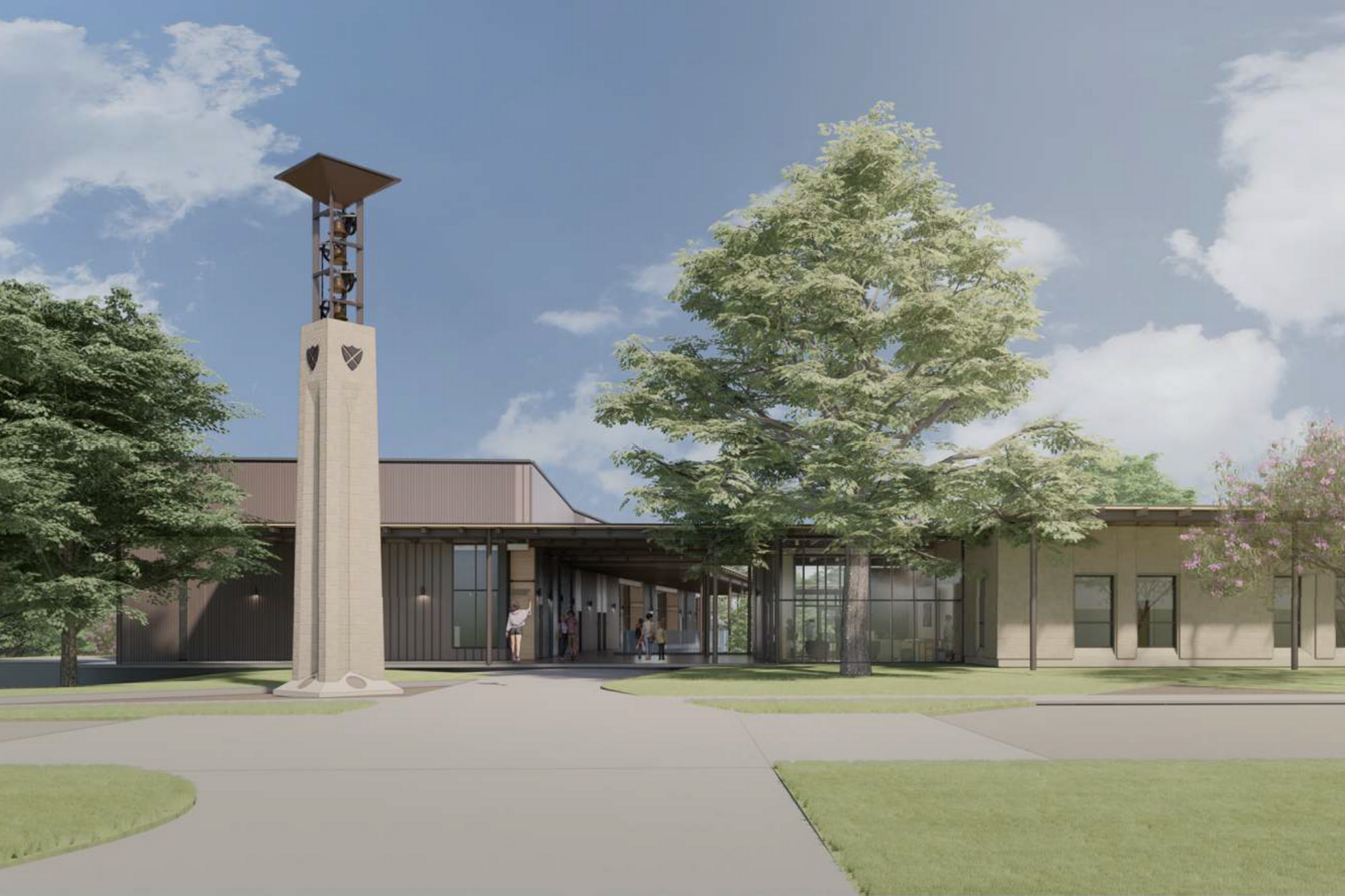 Digital rendering of Middle School entrance of building with bell tower.