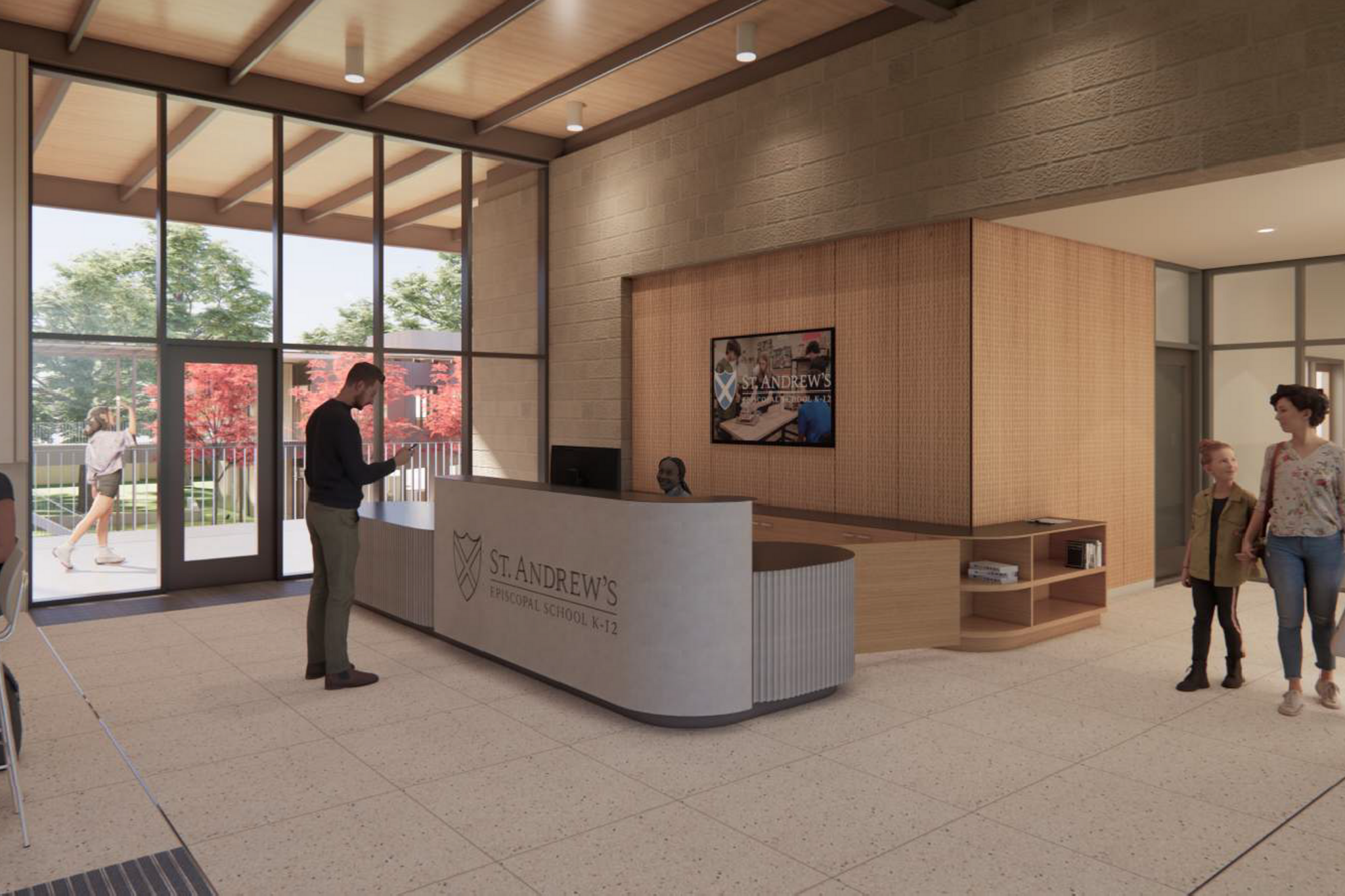 Digital rendering of Middle School front lobby desk with SAS logo on it.
