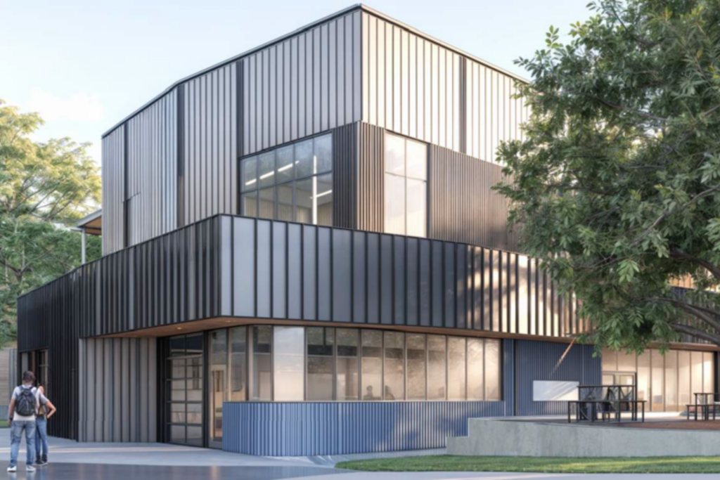 Digital rendering of STEM center silver building.