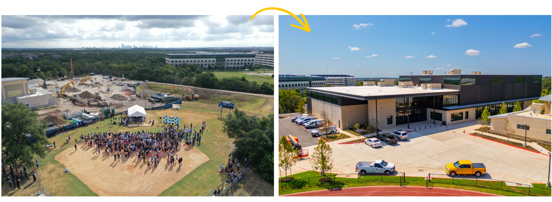 Two photos side by side. Left photo is ground blessing on land. Right photo of Highlander Hall drone photo of building.