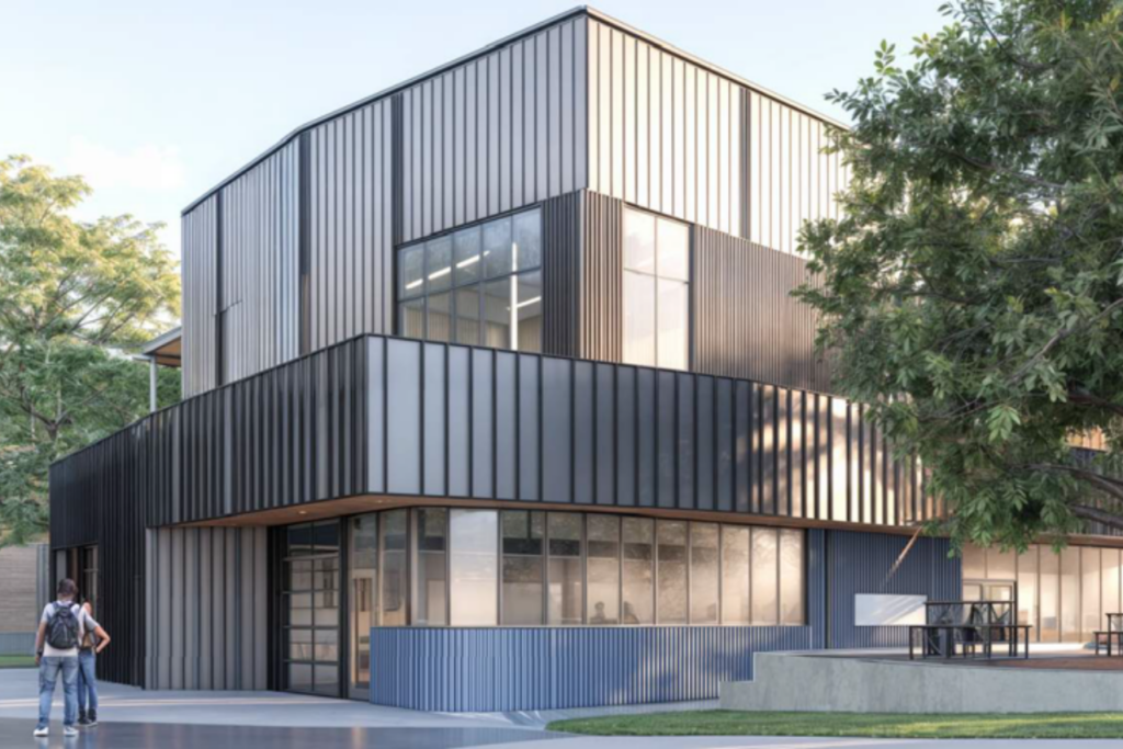 Digital rendering of stem center - large silver building with two stories.
