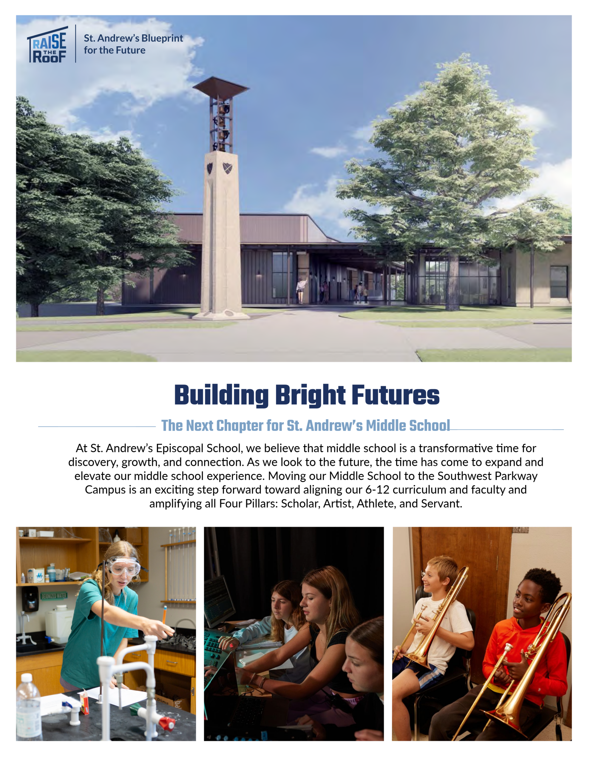 Info cover page with digital rendering of middle school bell tower and building and photos of student in a science lab, black boc theater, and a student playing a trombone.